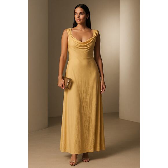 New Lauren Ralph Lauren Gold Yellow Draped Cowl Neck Gown Dress 12 Formal - Picture 1 of 16